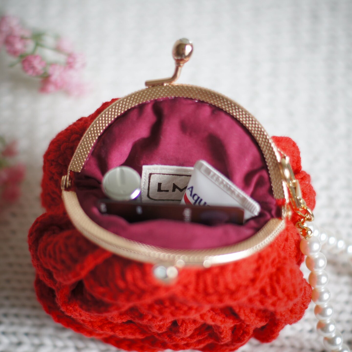 Small Red Rose Purse with Kiss Closure and Pearl Strap, Great for