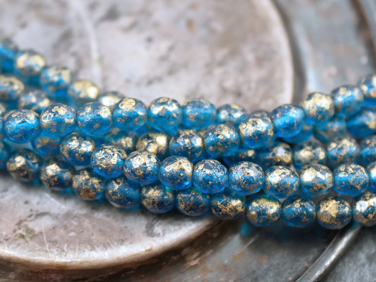 *20* 8mm Gold Washed Etched Capri Blue Fire Polished Round Beads