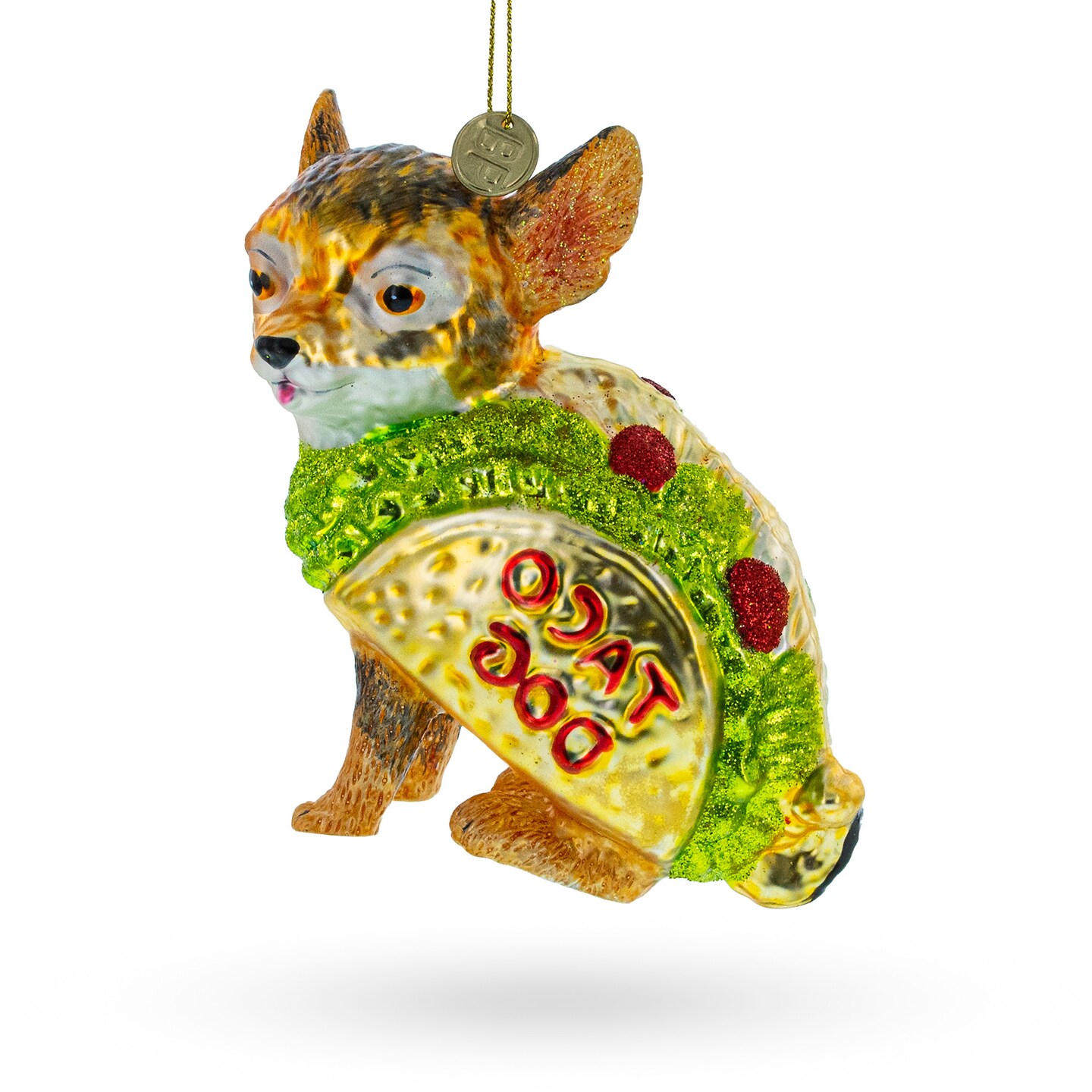 Fiesta Pup: Taco-Wearing Dog Blown Glass Christmas Ornament