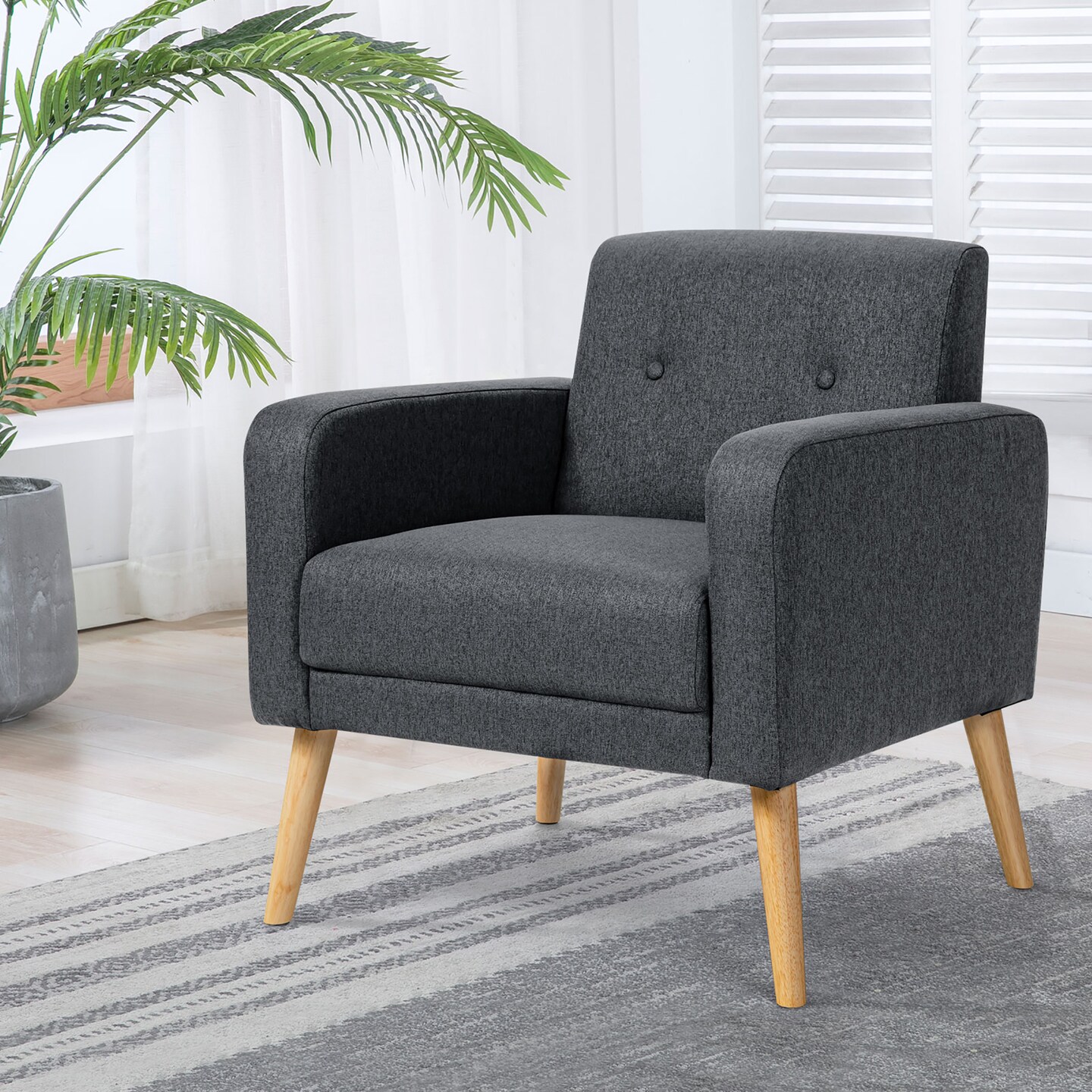 Costway Modern Accent Chair Upholstered Linen Armchair w/Rubber Wood Legs Yellow\Beige\Grey\Navy