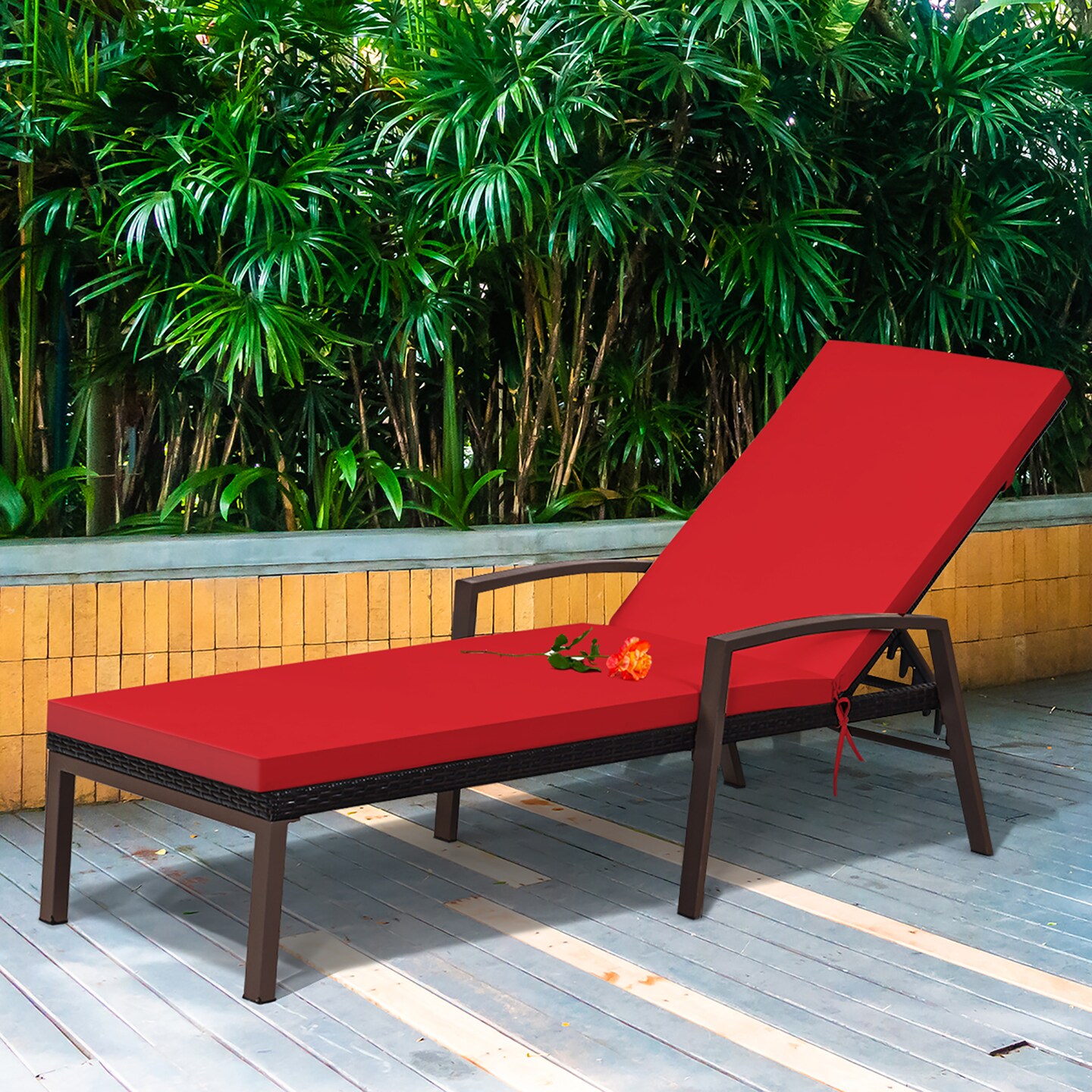 Costway Patio Rattan Lounge Chair Chaise Recliner Back Adjustable Cushioned Outdoor Red