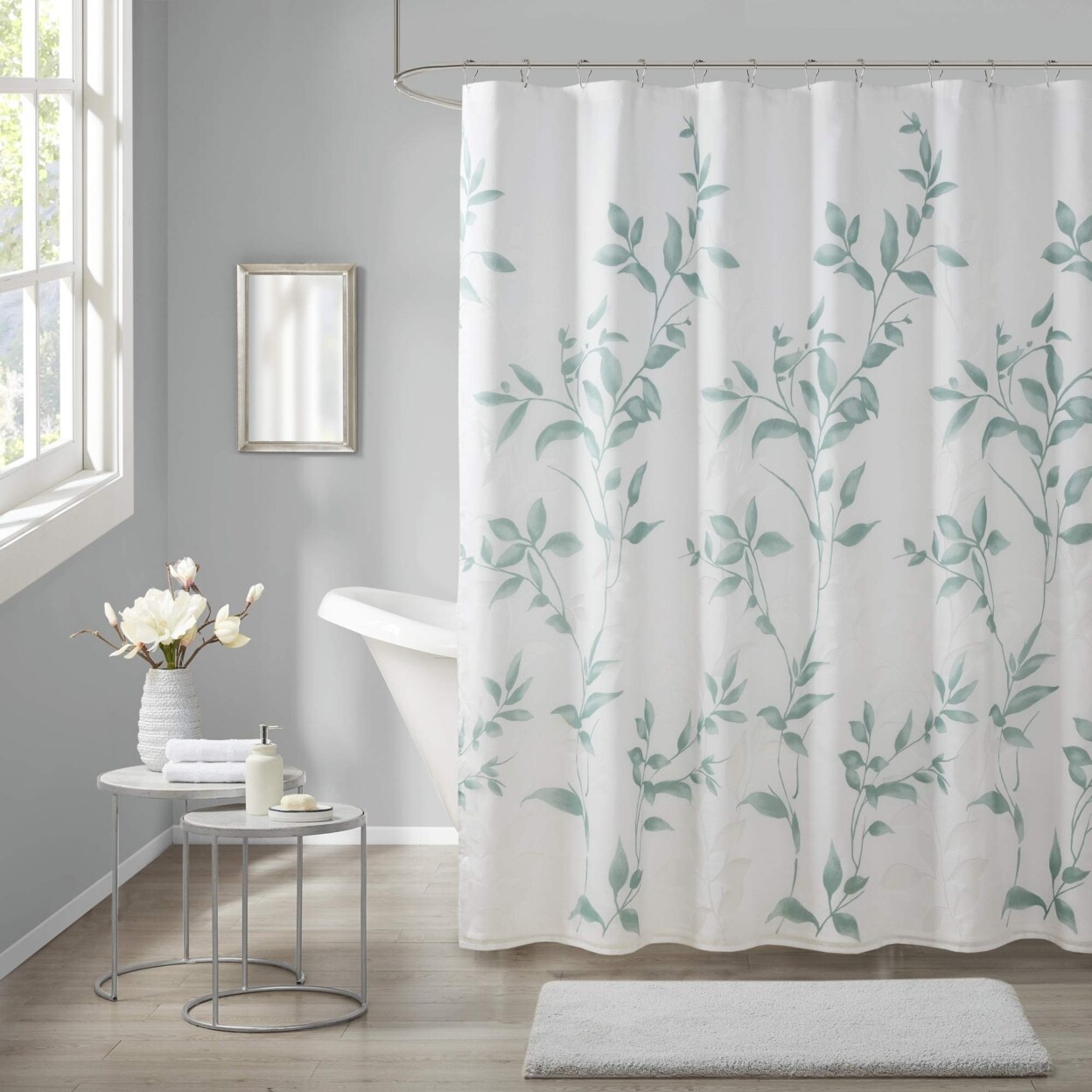 Madison Park Cecily Bathroom Shower, Printed Botanical Design Modern Privacy Bath Fabric Curtains, 72"x72", Seafoam