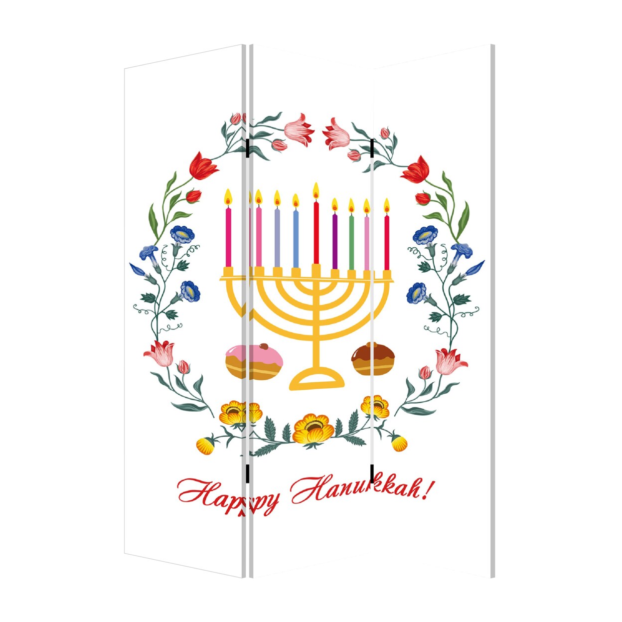 Saltoro Sherpi 72 Inch 3 Panel Canvas Foldable Room Divider, Hanukkah Symbol, Multicolor-