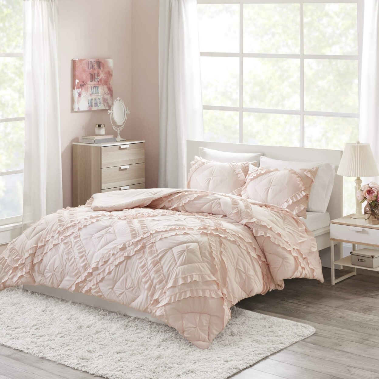 Intelligent Design   Kacie Solid Coverlet Set with Tufted Diamond Ruffles Blush Twin/Twin XL
