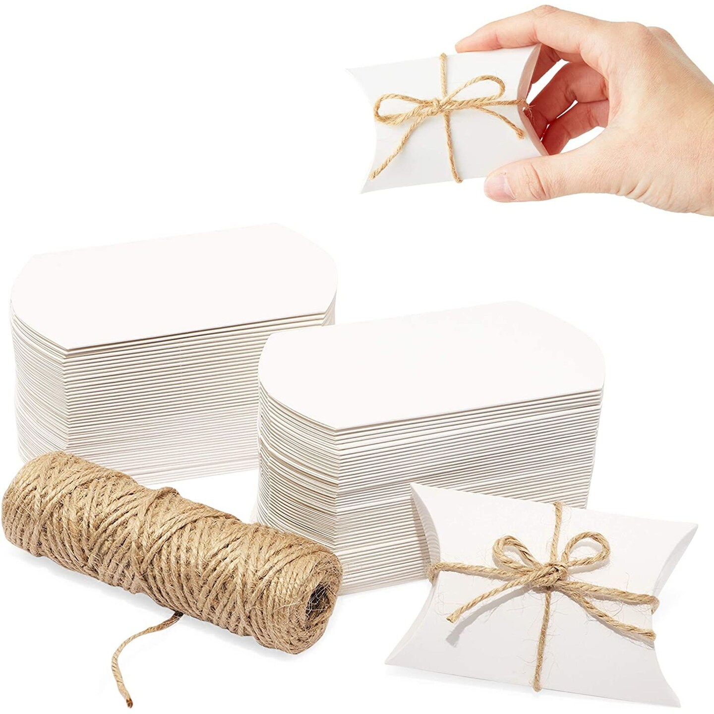 Mini Paper Pillow Gift Box Set with Jute Twine (3.5 x 2.5 x 0.95 In, 100 Pack)
