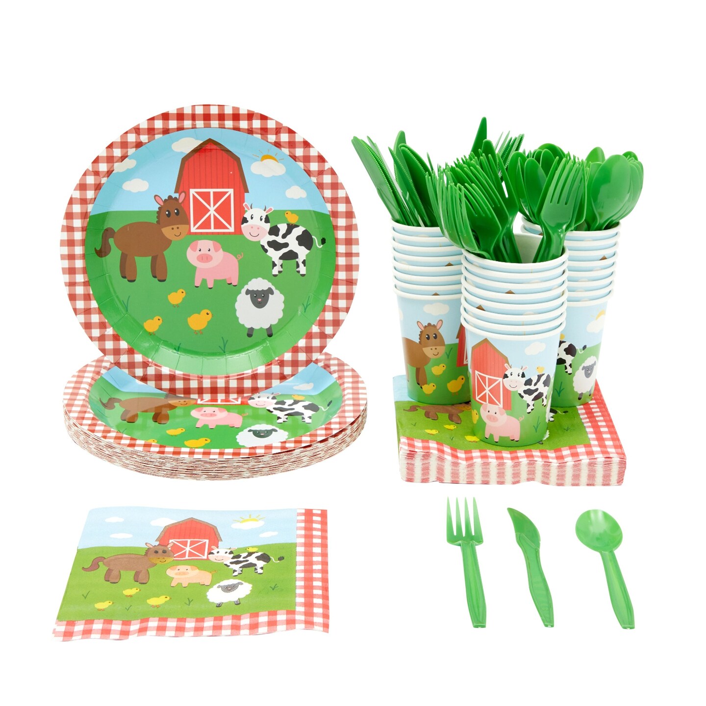 144 Pieces Barnyard Birthday Party Supplies, Paper Plates, Napkins, Cups, Cutlery (Serves 24 Guests)
