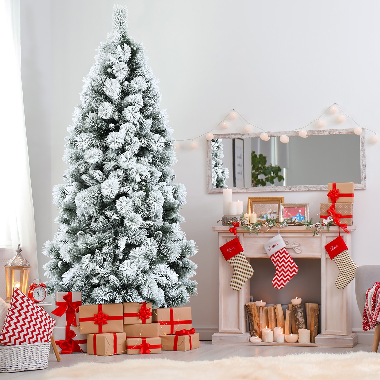 Costway 5ft/6ft/7ft Snow Flocked Hinged Artificial Slim Christmas Tree with Pine Needles