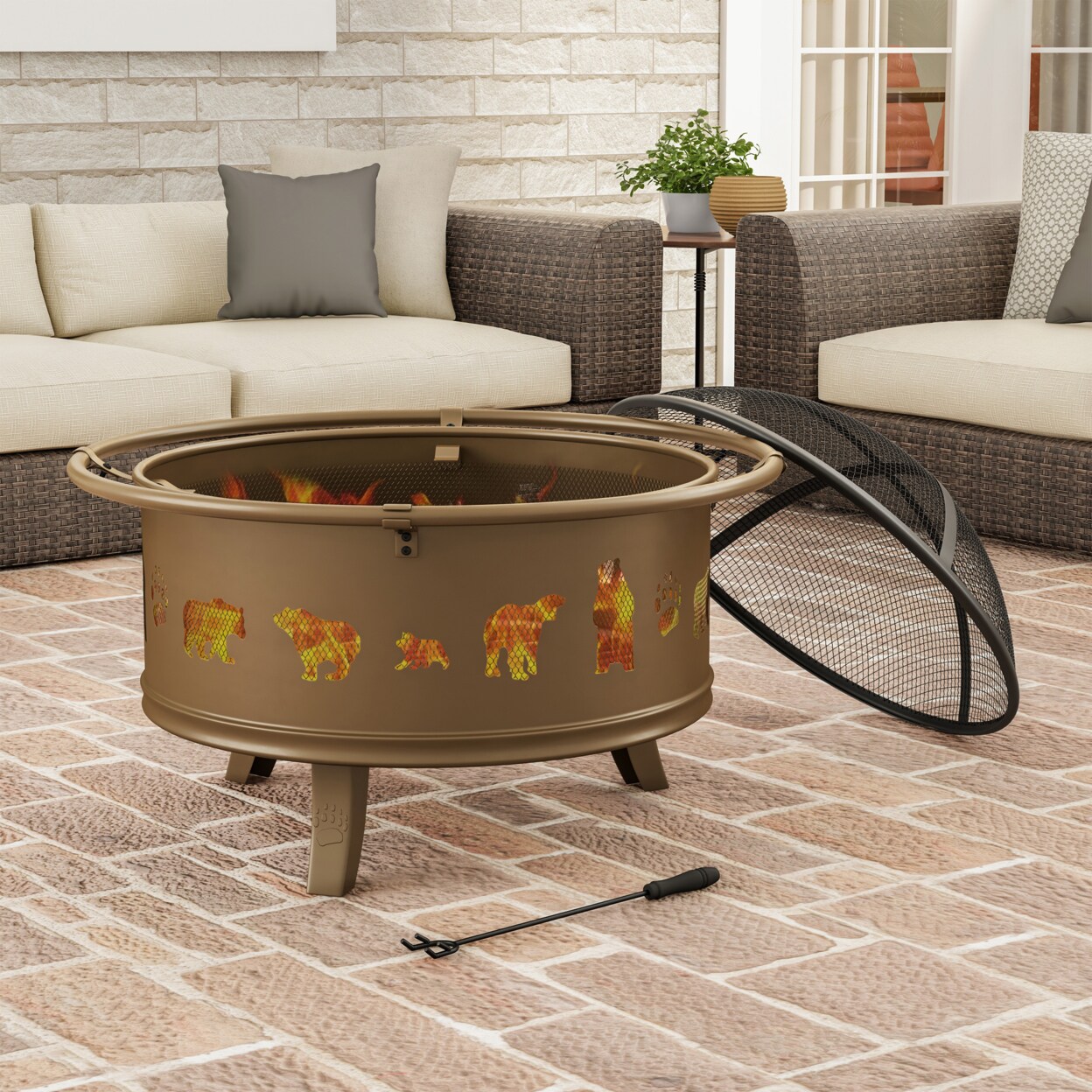 Pure Garden Outdoor Deep Fire Pit- Round Large Steel Bowl with Bear Cutouts Mesh Spark Screen Log Poker and Storage Cover