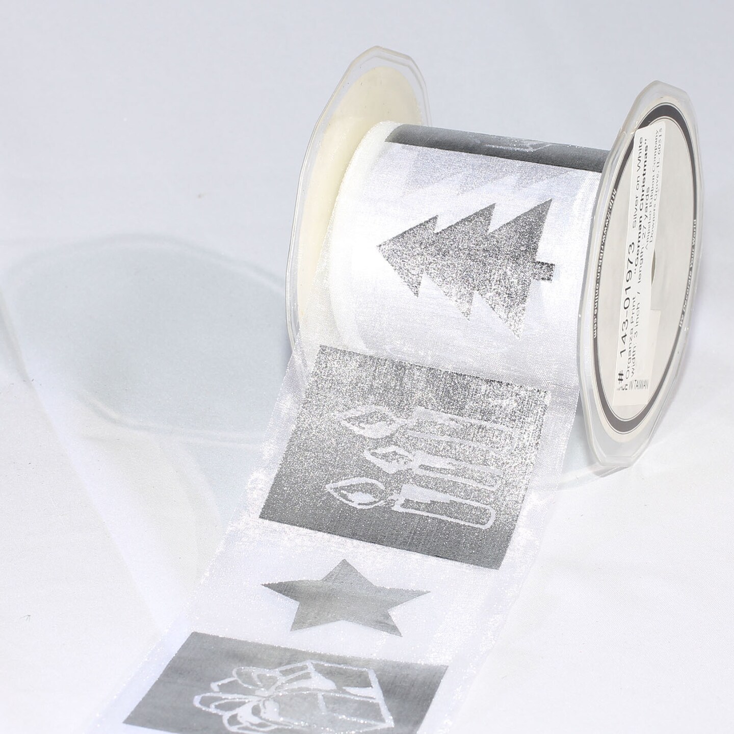 The Ribbon People White and Silver Colored German Christmas Print Organza Craft Ribbon 3&#x22; x 27 Yards
