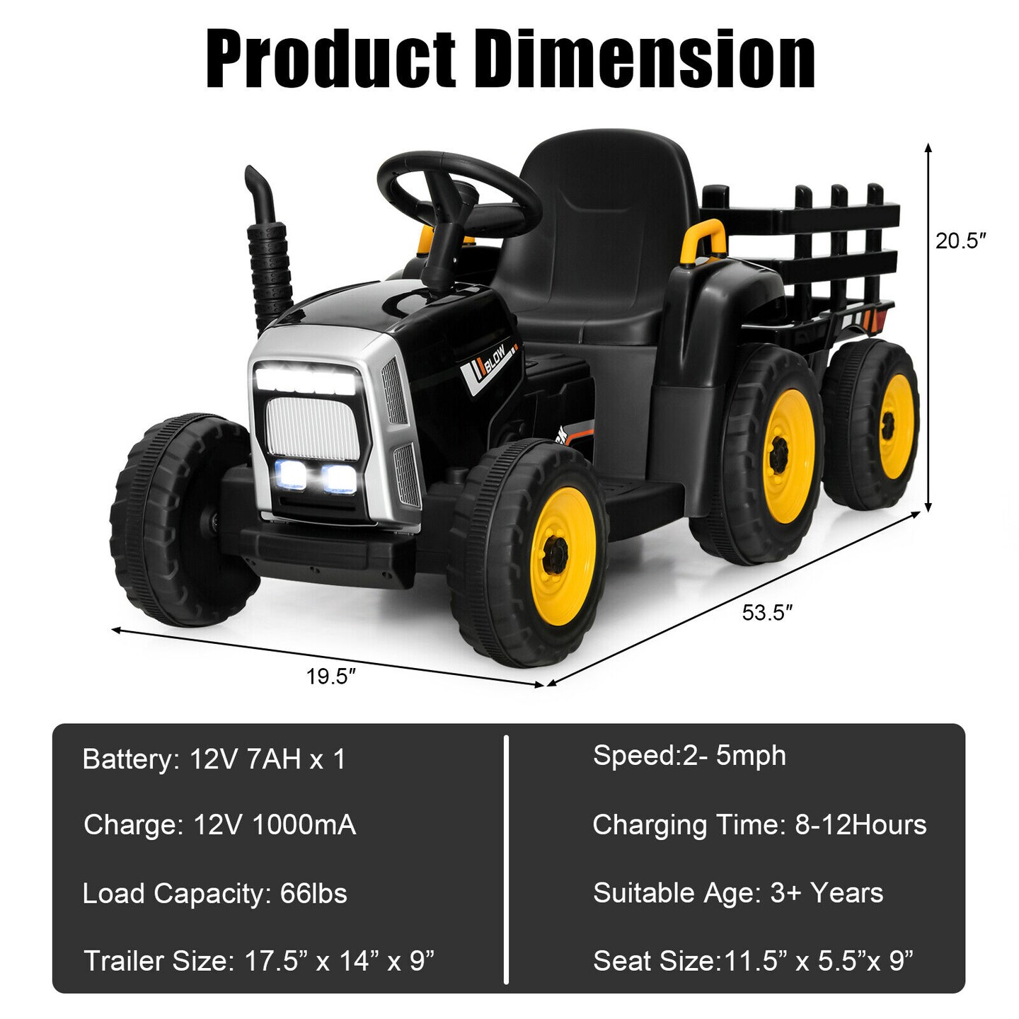 Iron Ride-On Tractor with Trailer, Music and Safety for Kids