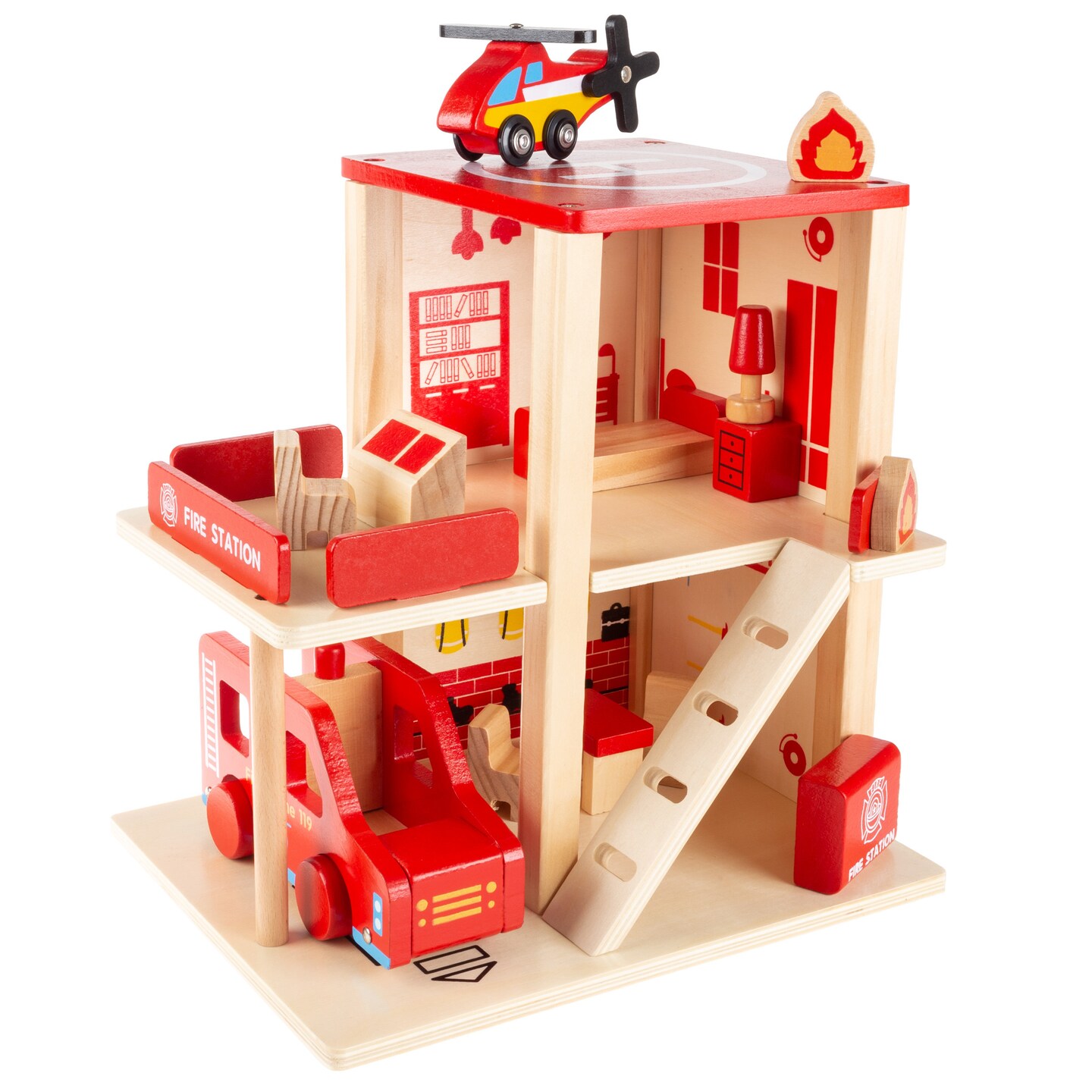 Hey! Play! Fire Station Playset Wooden Firehouse, Truck, Helicopter  3-Level Pretend Play