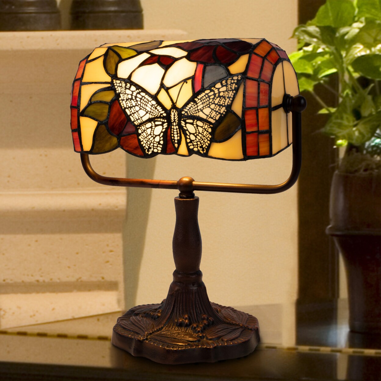 Tiffany Style Bankers Table Desk Lamp Stained Glass Led 12.5In Adjustable