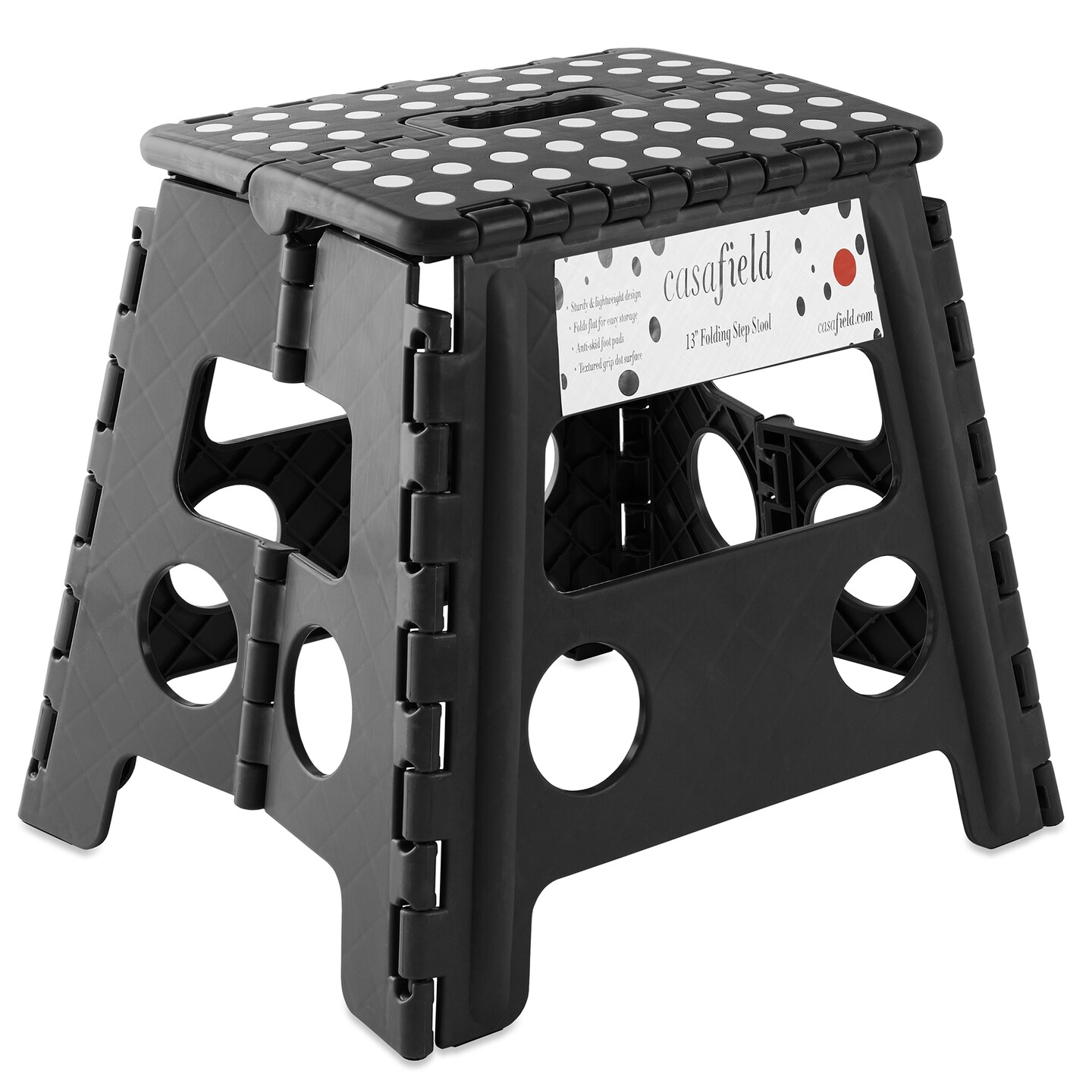 Casafield 13&#x22; Folding Step Stool with Handle, Black - Portable Collapsible Small Plastic Foot Stool for Adults - Use in the Kitchen, Bathroom and Bedroom