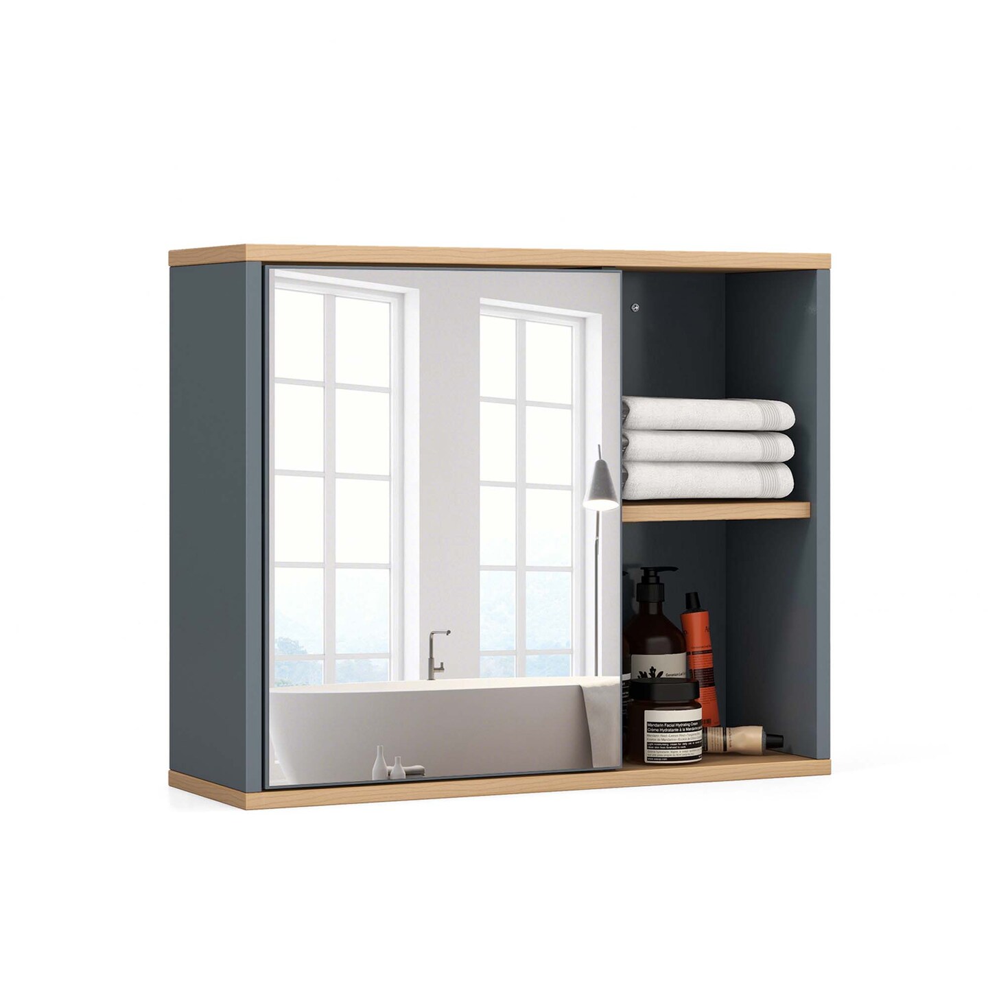 Costway Mirrored Medicine Cabinet Bathroom Wall Mounted with 3-Level Adjustable Shelf Grey
