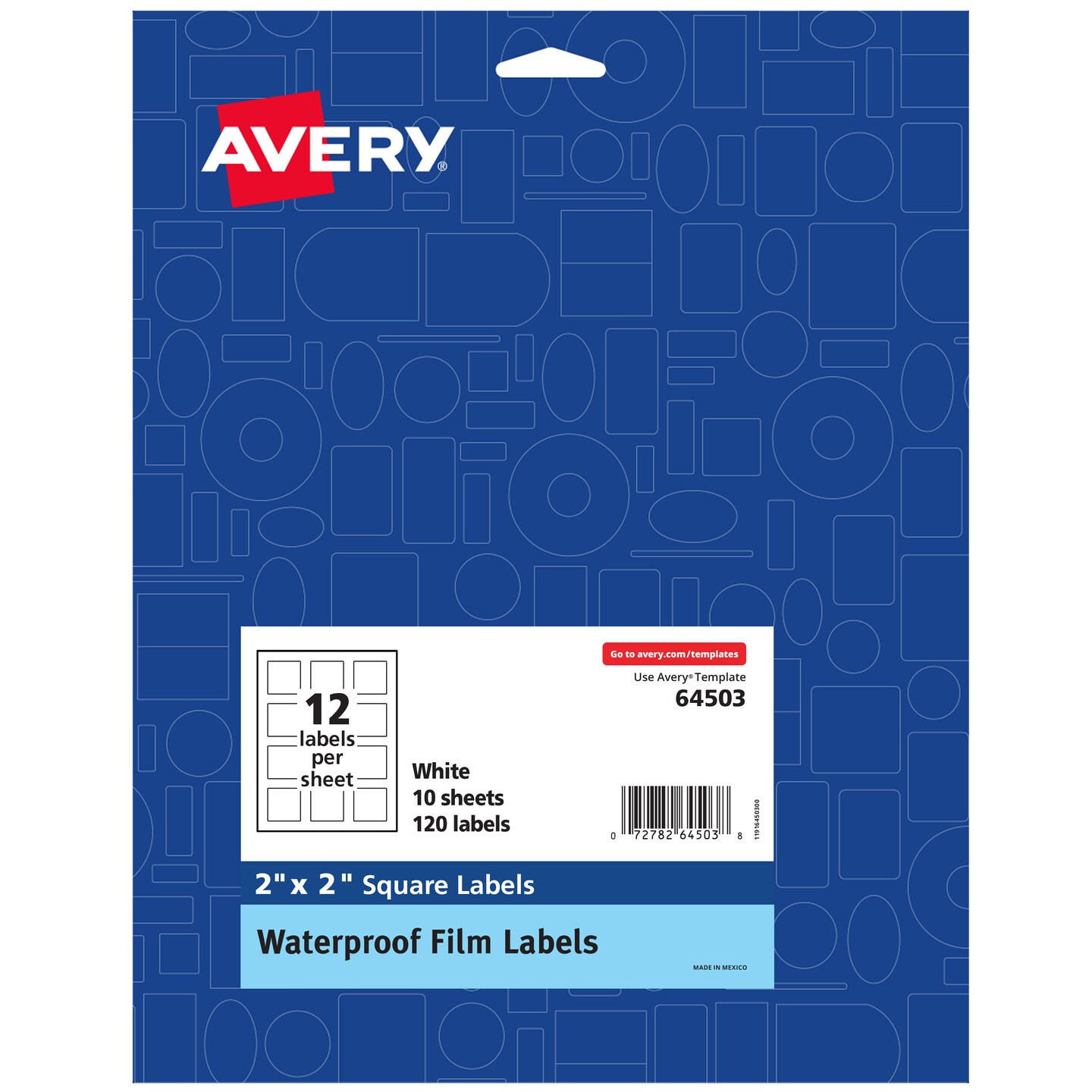 Avery Durable Waterproof Oil-Resistant Film Labels with Sure Feed Technology, 2" x 2" Square, Laser/Pigment-Inkjet, 120 Labels (64503)
