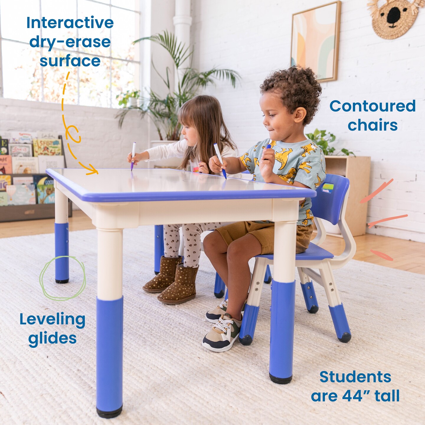 Rectangle Dry-Erase Activity Table and 2 Adjustable Height Plastic Chairs, 3-Piece