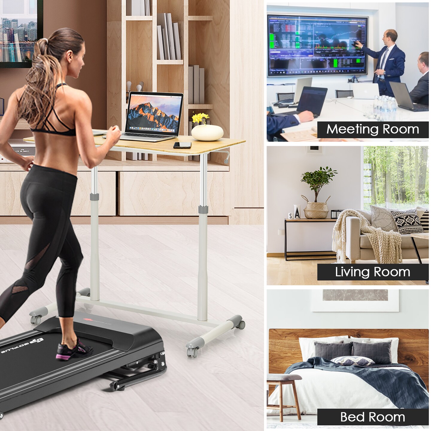 Goplus Height Adjustable Computer Desk Sit Stand Rolling Notebook Table Natural\Brown\Black