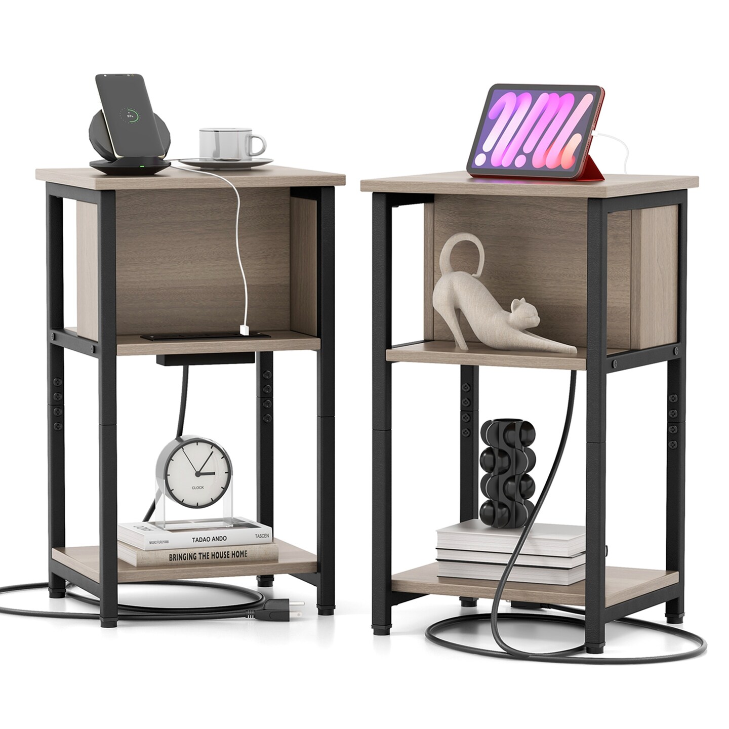 Costway 1/2 PCS Nightstand 3-Tier End Table with Charging Station USB Ports & Power Outlets Grey & Black