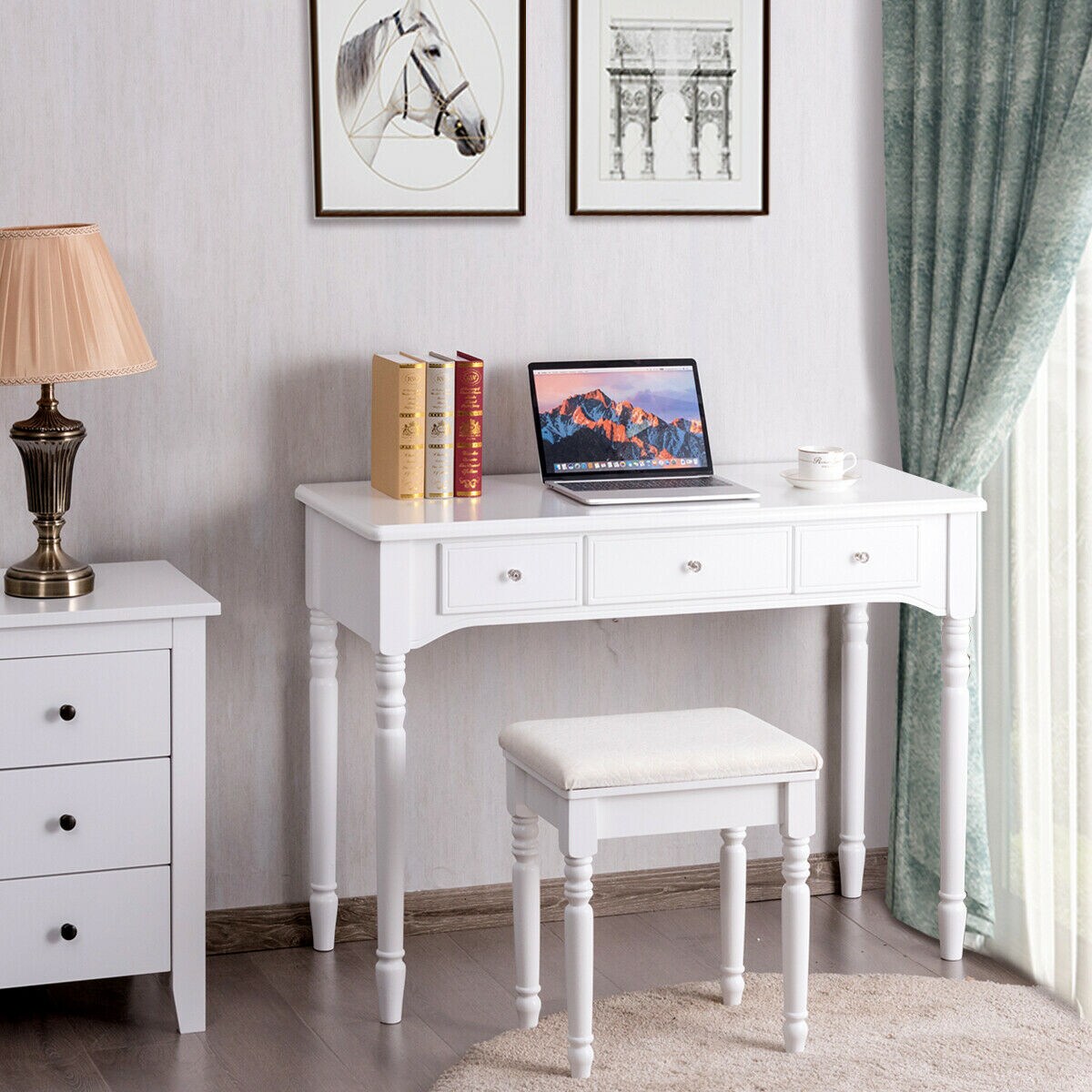 7 Drawers Vanity Set Dressing Table W/ Tri-Folding Mirror White