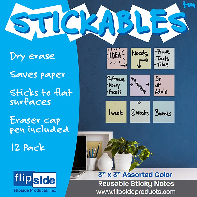 Dry Erase Stickables with Dry Erase Marker, Pastel Assorted, 3" x 3