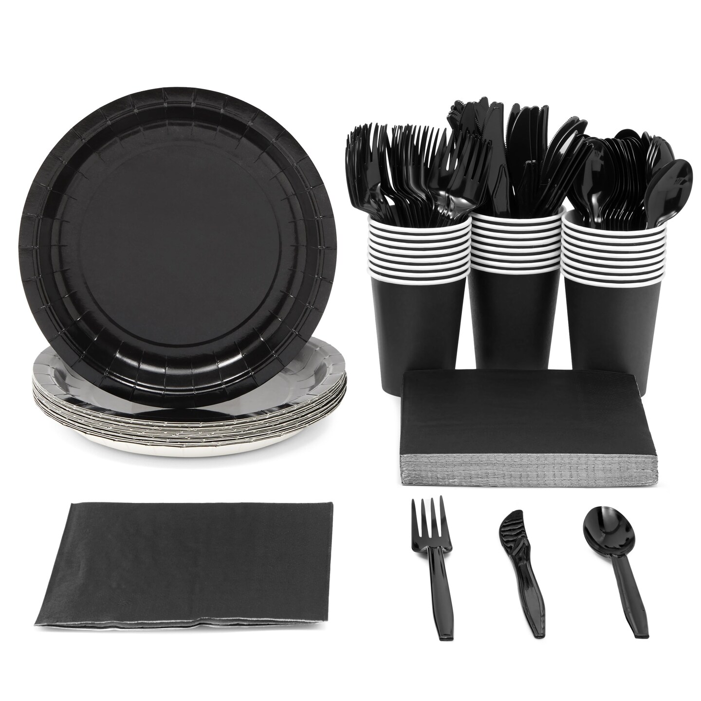 144 Piece Black Party Supplies - Serves 24 Disposable Paper Plates, Napkins, Cups, and Cutlery for Birthday, Graduation Party Table Decorations