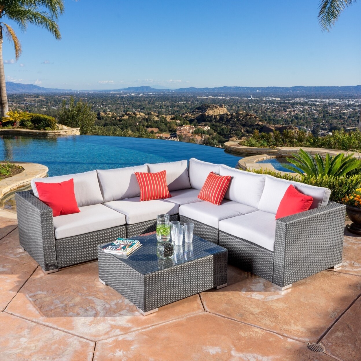 GDF Studio Francisco 6pc Outdoor Grey Wicker Seating Sectional Set with Cushions