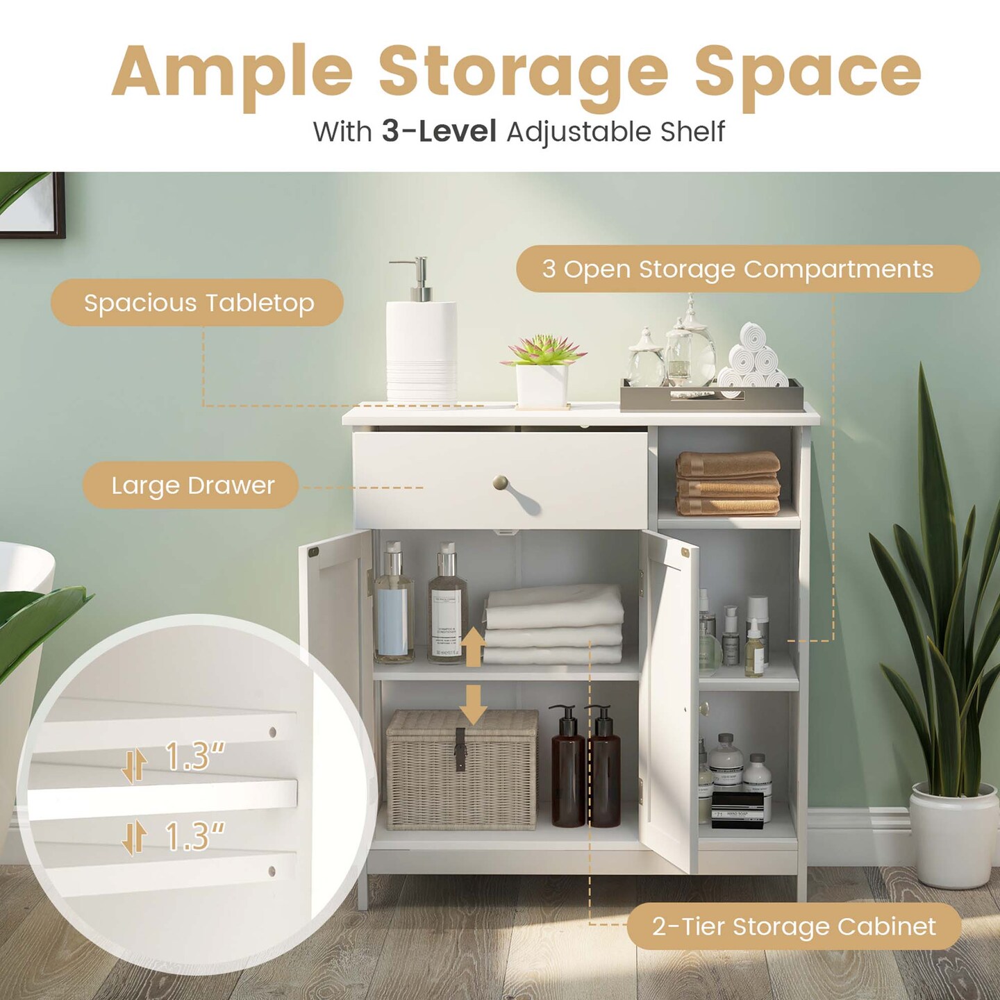 Costway Bathroom Floor Cabinet Freestanding Kitchen Cupboard Storage Organizer with Drawer