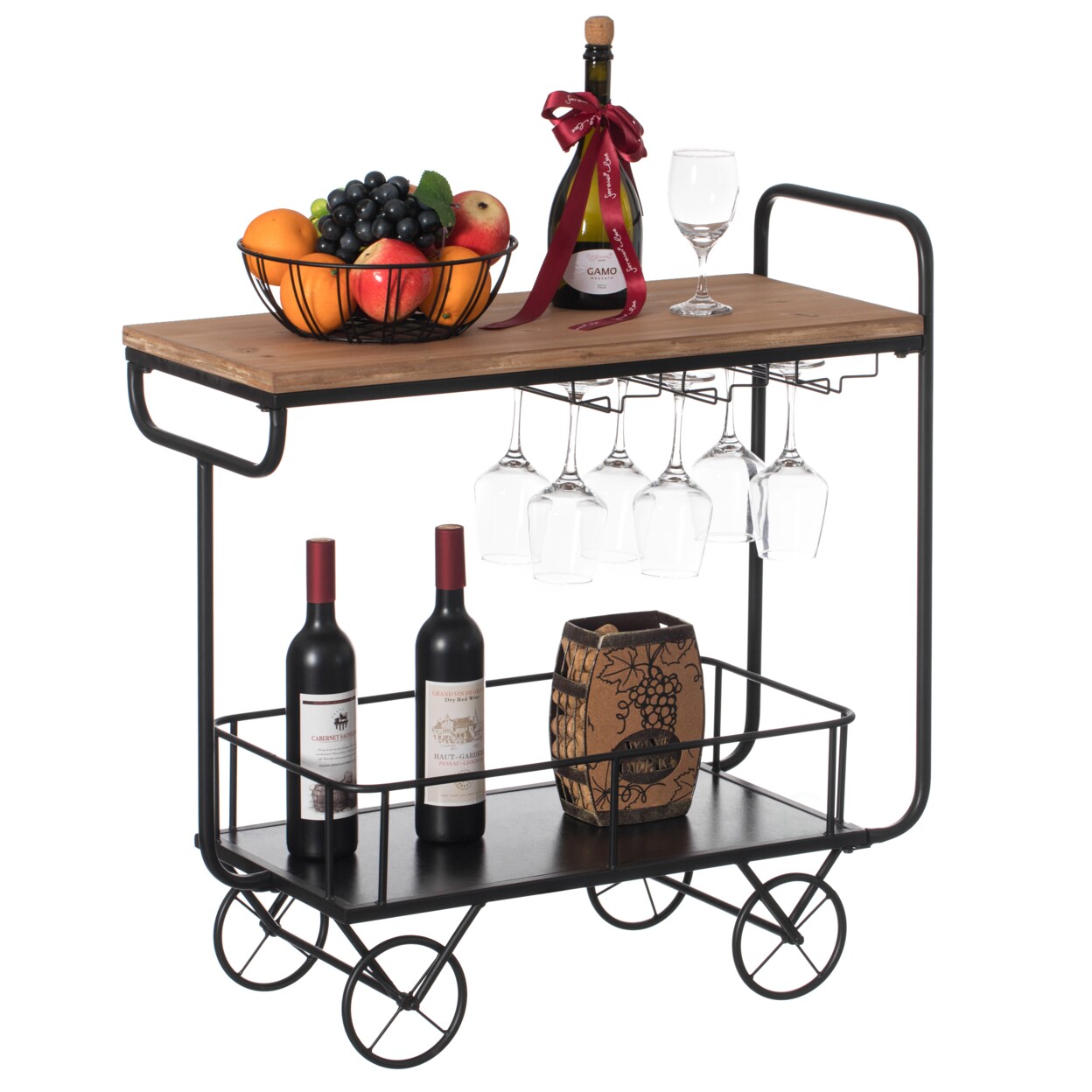 Metal Wine Bar Serving Cart Rolling Wheels Glass Holder Wine Rack 32.5 Inch