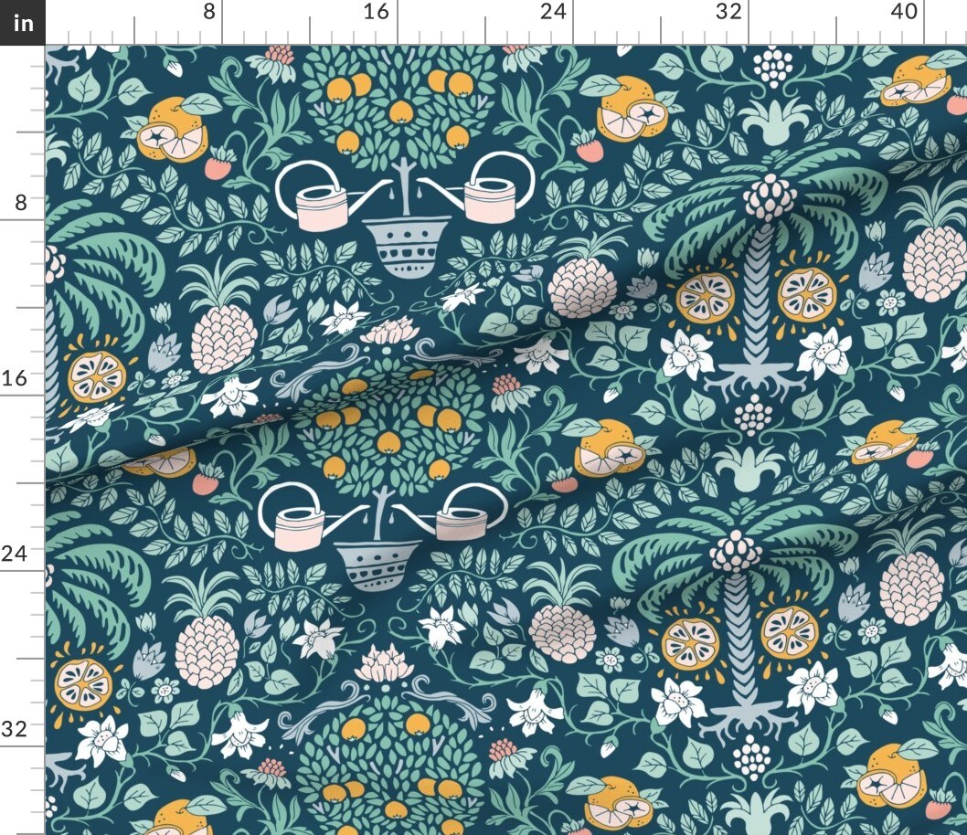 Orange Orchard Citrus Garden Damask Botanical Blue Teal Victorian Vintage Custom Printed Fabric by Spoonflower Various Fabrics by the Yard or Fat Quarter