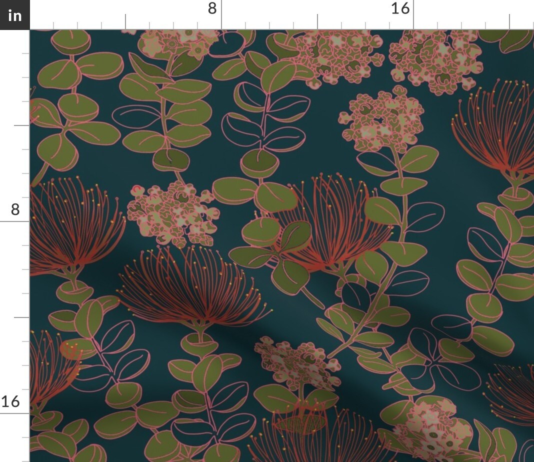 Dark Botanical Hawaii Hawaiian Floral Flowers Red Teal Moody Tropical Custom Printed Fabric by Spoonflower Various Fabrics by the Yard or Fat Quarter