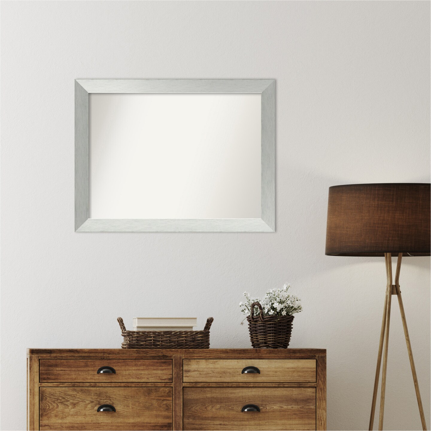 Brushed Sterling Silver Non-Beveled Custom Framed Bathroom Vanity Wall Mirror