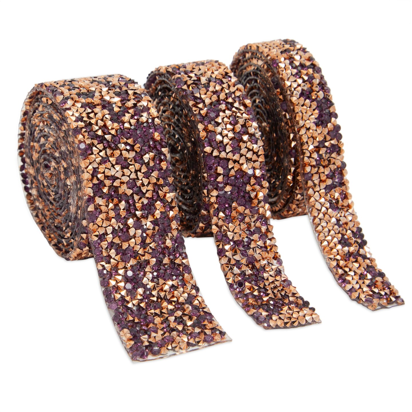 Set of 3 Purple and Copper Rhinestone Ribbon Rolls, 4-Foot Rolls of Glitter Tape in 3 Widths for Sewing, Gift Wrapping, Costume and Jewelry Making, Crafting and Art Supplies