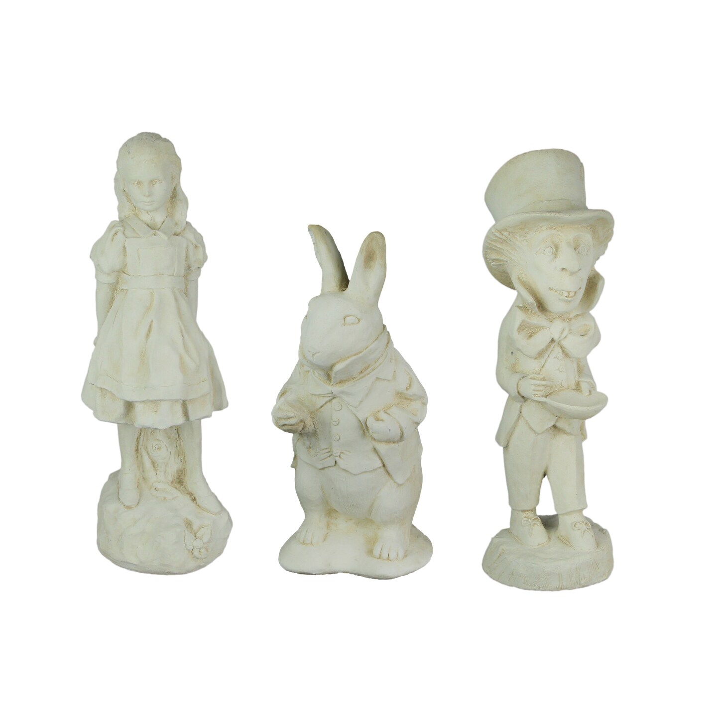3-Piece Cement Wonderland Statue Set - Alice, Rabbit &#x26; Hatter - 10&#x22; - White