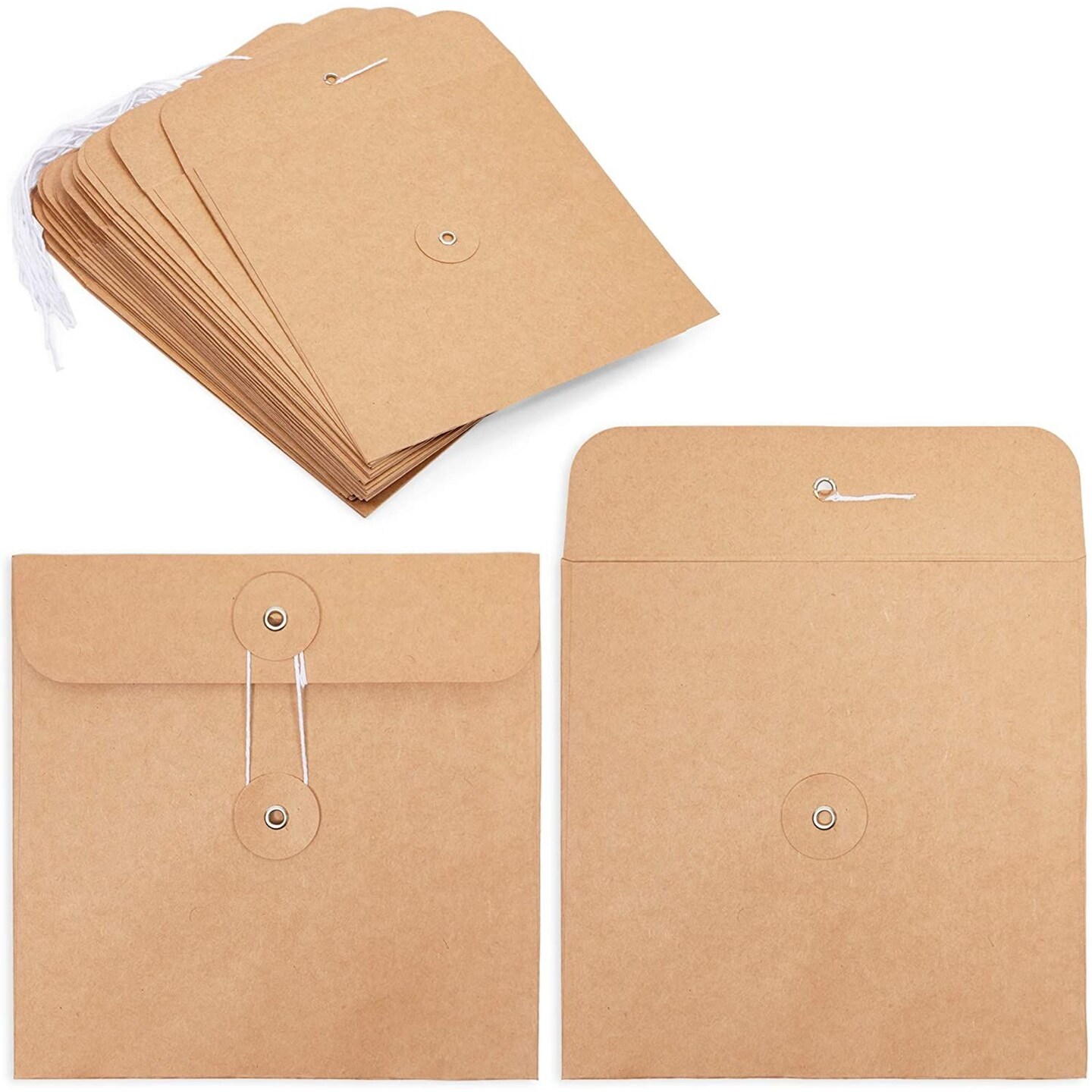 Kraft Paper Envelopes with Button and String Closure (6 x 6 In, 25 Pack)