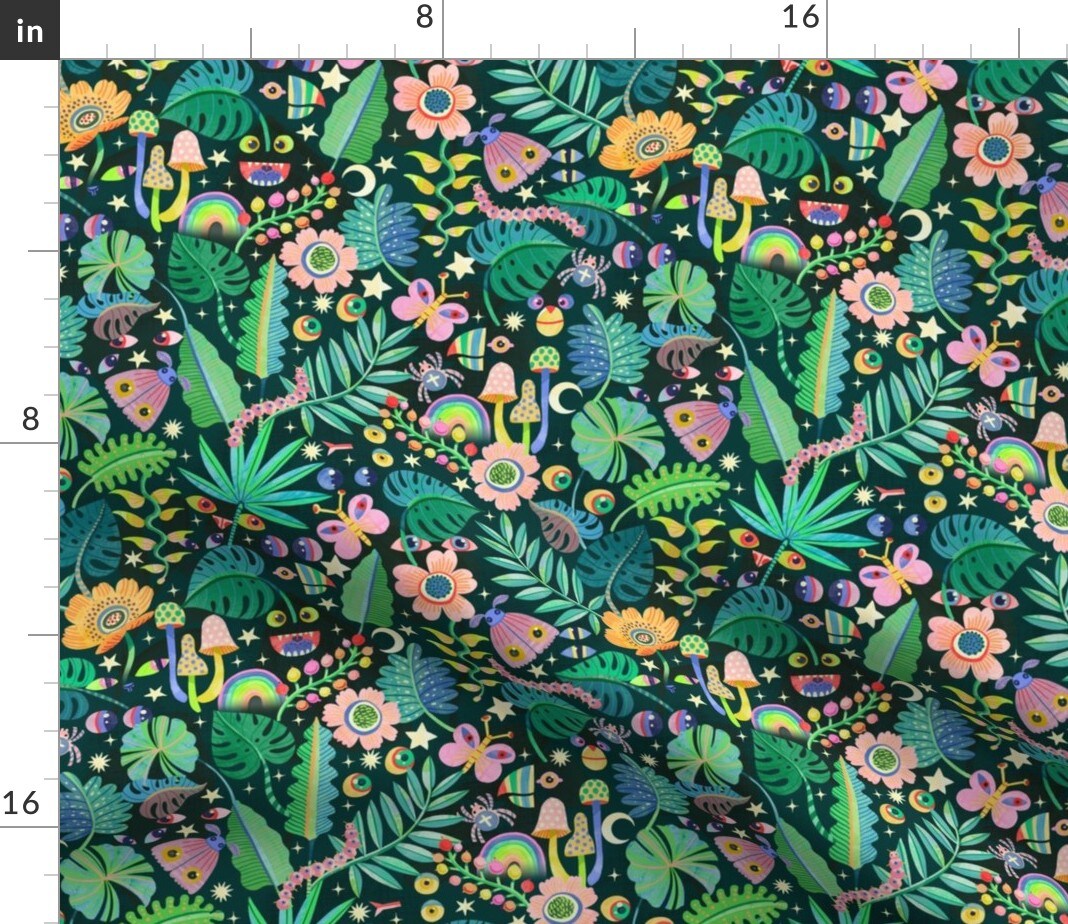 Whimsical Floral Trippy Psychedelic Jungle Tropical Custom Printed Fabric by Spoonflower Various Fabrics by the Yard or Fat Quarter