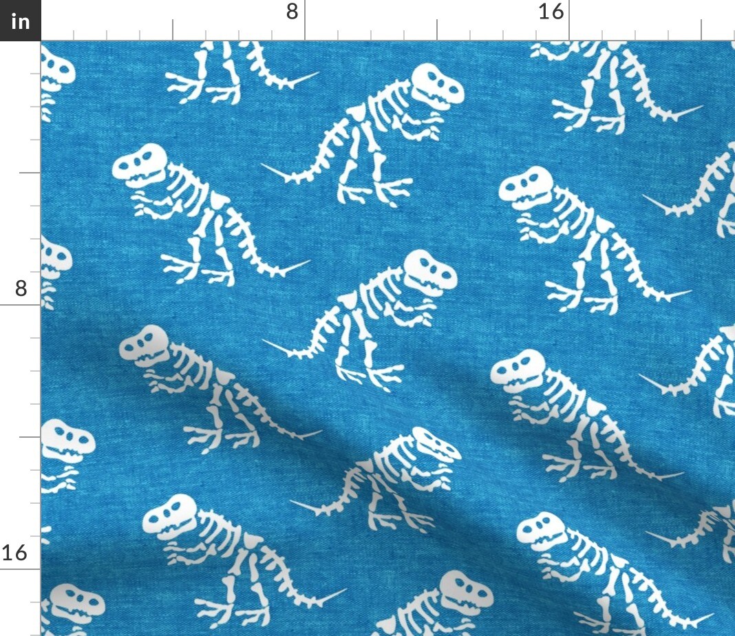 Blue Dinosaur Tyrannosaurus Rex Trex Dino Bones Kid Small Scale Jurassic Custom Printed Fabric by Spoonflower Various Fabrics by the Yard or Fat Quarter
