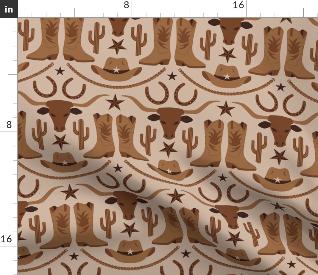 Western Cowboy Cowgirl Longhorn Southwest Earth Tone Cattle Horseshoe Desert Rustic Custom Printed Fabric by Spoonflower Various Fabrics by the Yard or Fat Quarter