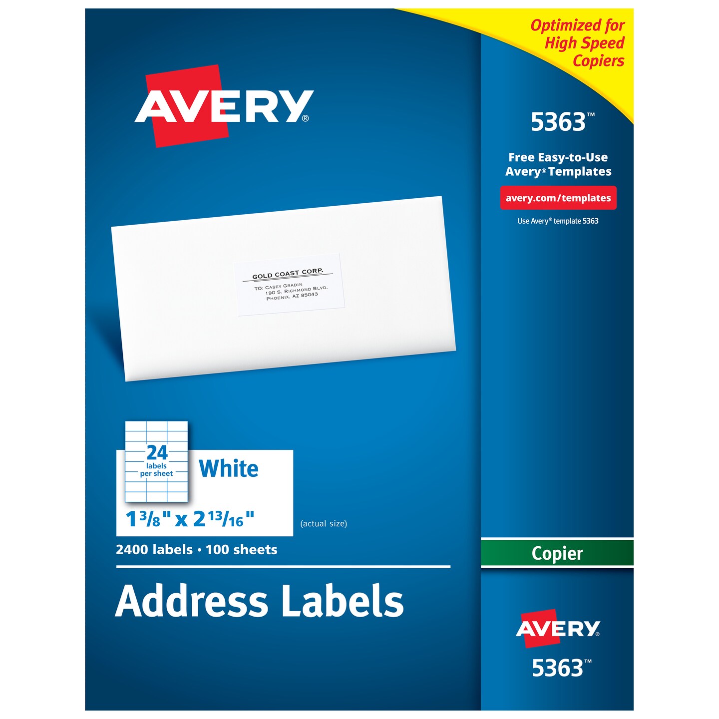 Avery Address Labels for Copiers 1-3/8&#x22; x 2-13/16&#x22;, 2,400 White Labels (5363)