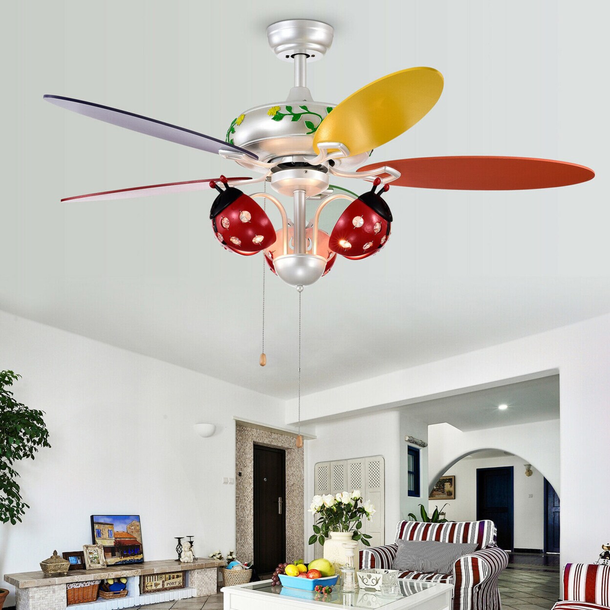 52 Ceiling Fan With Light Kids Fan Light W/Pull Chain Control Beetle Multicolor