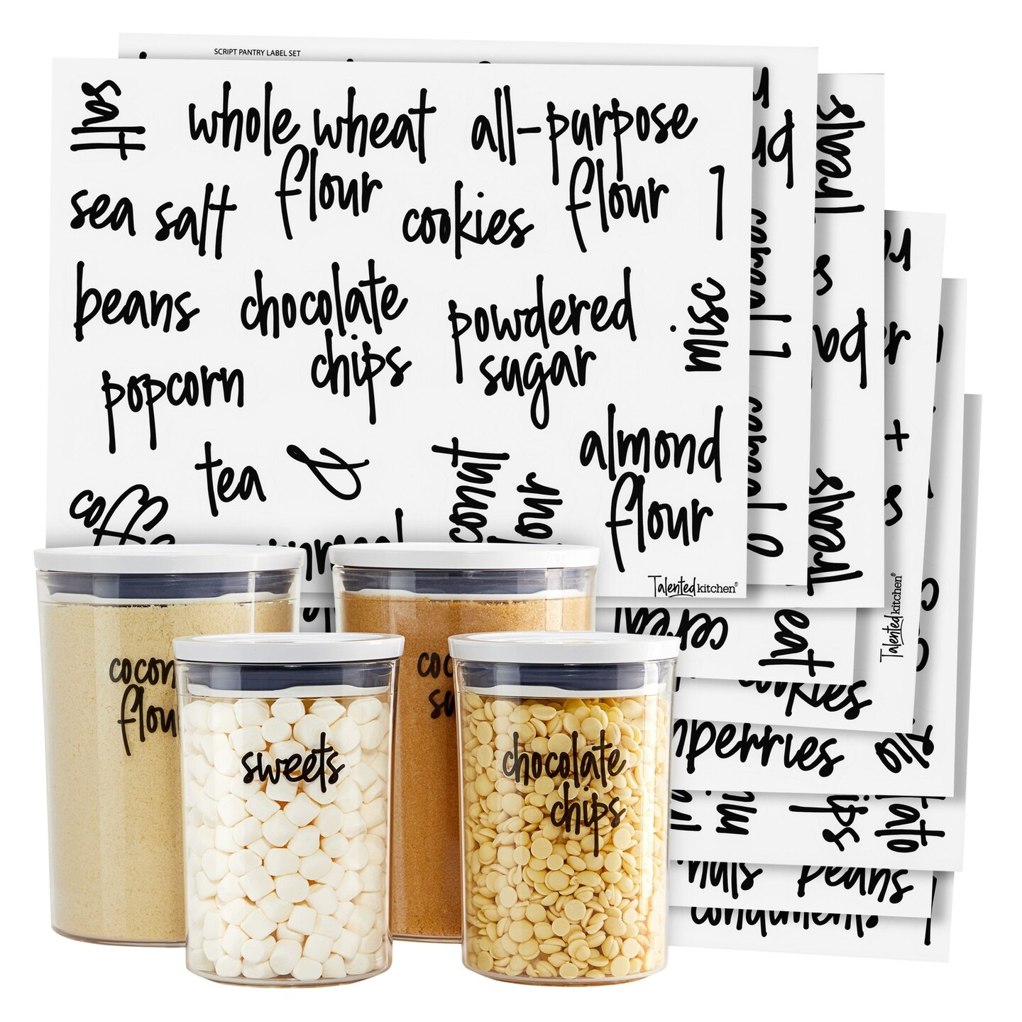 Talented Kitchen 157 Pantry Labels for Food Containers - Preprinted Black Script Kitchen Food Organization Labels for Storage Canisters and Jars (Water Resistant)