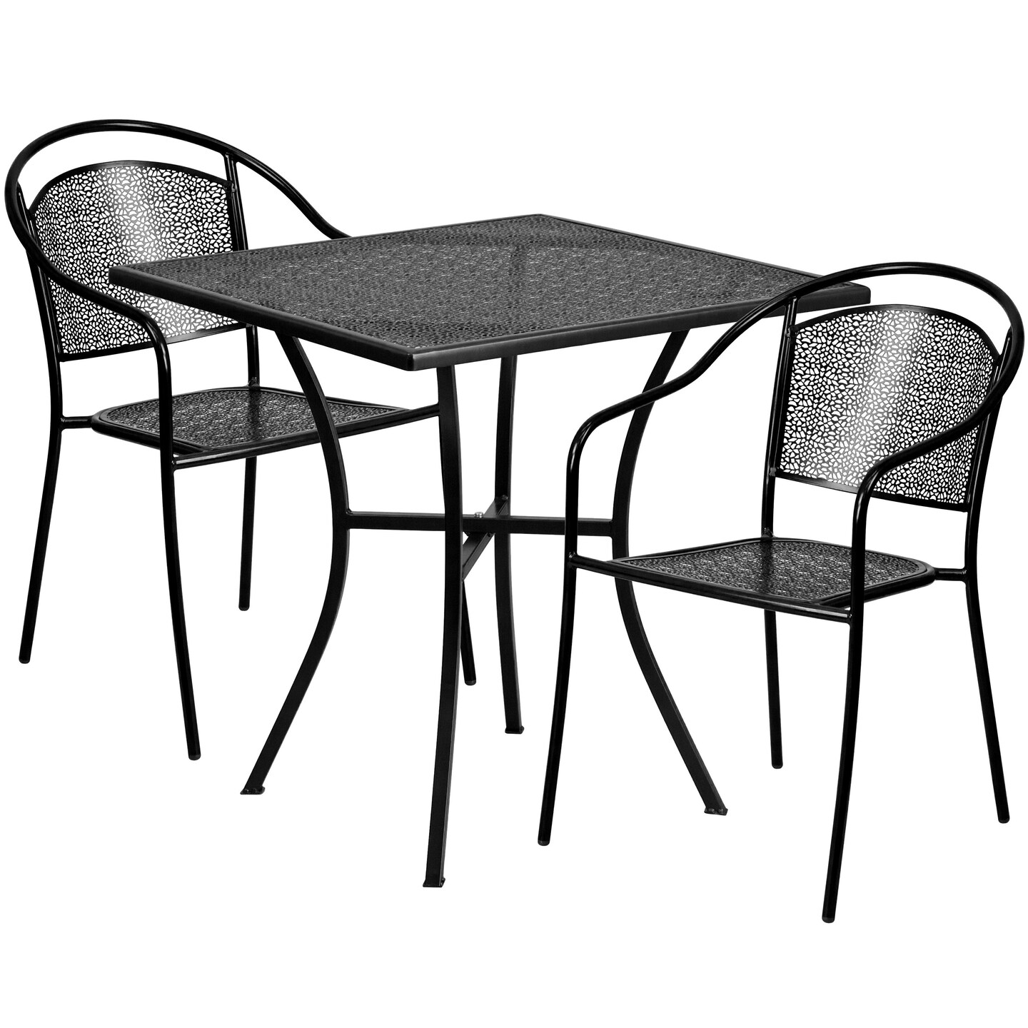 Emma and Oliver Commercial Grade 28&#x22; Square Metal Patio Table Set with 2 Round Back Chairs