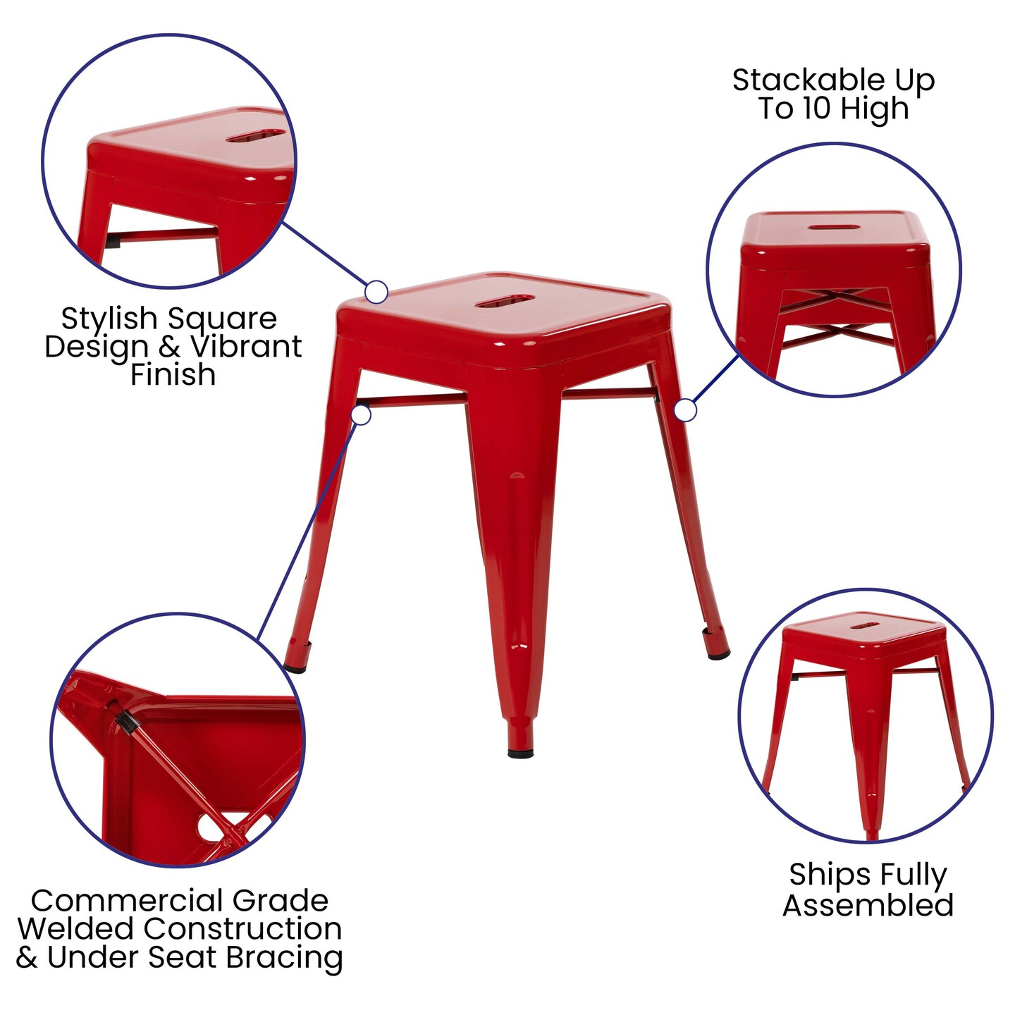 Merrick Lane Set of 4 Sloane 18" High Backless Stacking Dining Stools with Durable Metal Frame