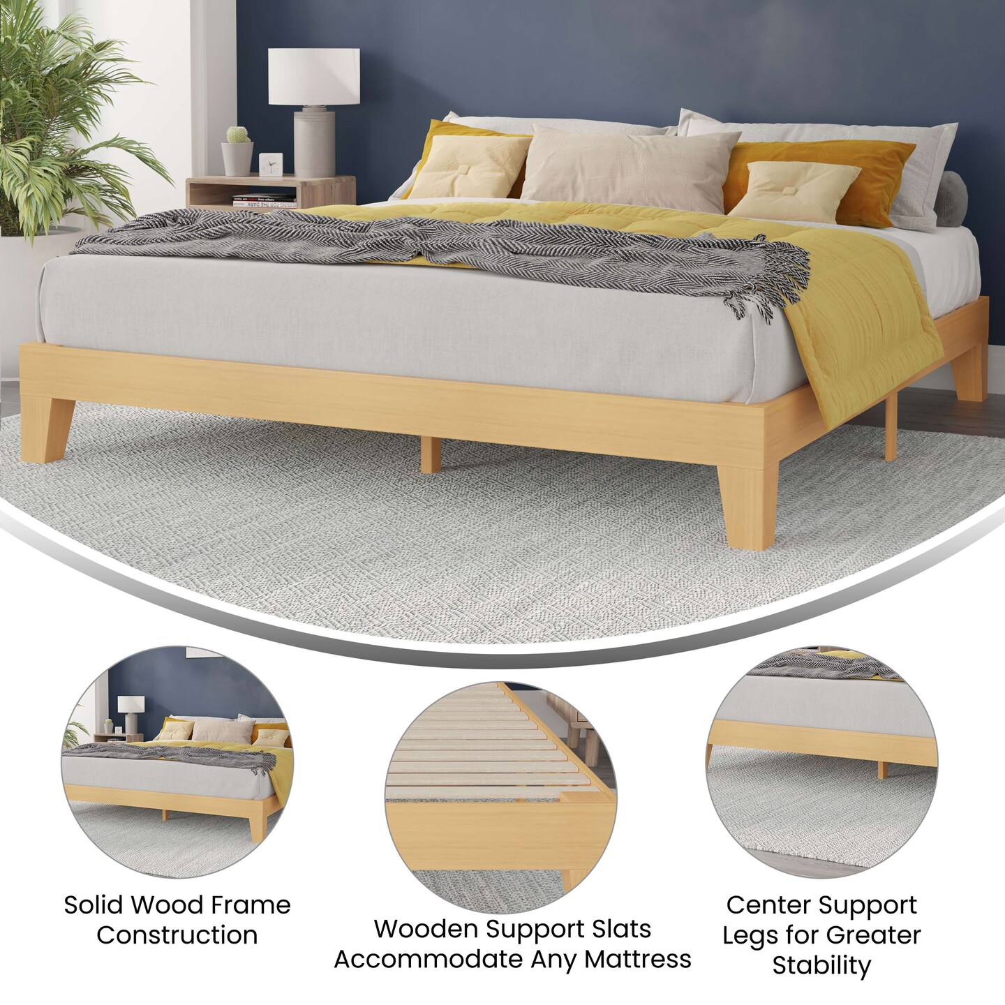 Merrick Lane Eduardo Platform Bed Frame, Solid Wood Platform Bed Frame With Slatted Support, No Box Spring Needed