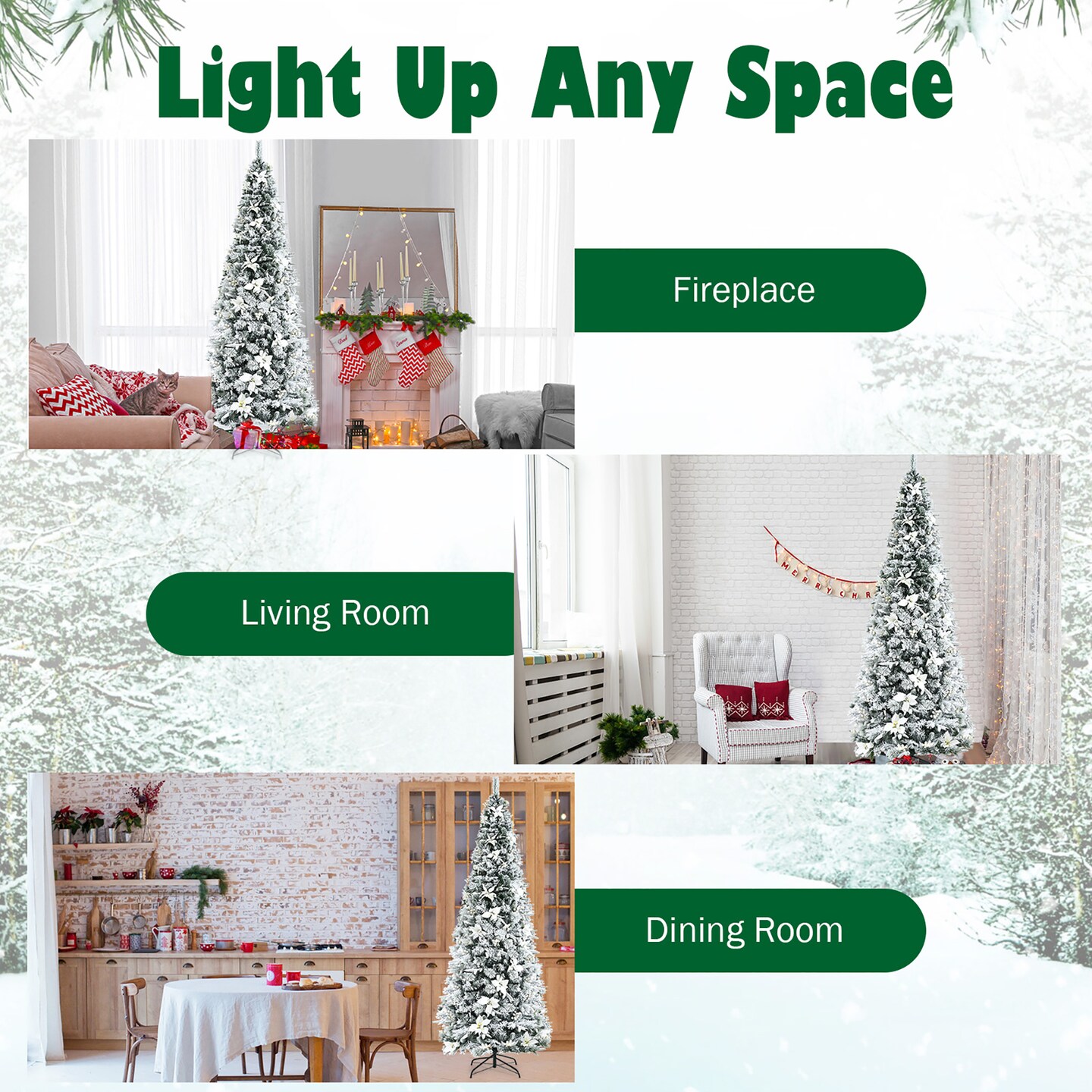 Costway 5ft/6ft/7ft/8ft Snow Flocked Christmas Pencil Tree w/ Berries &#x26; Poinsettia Flowers