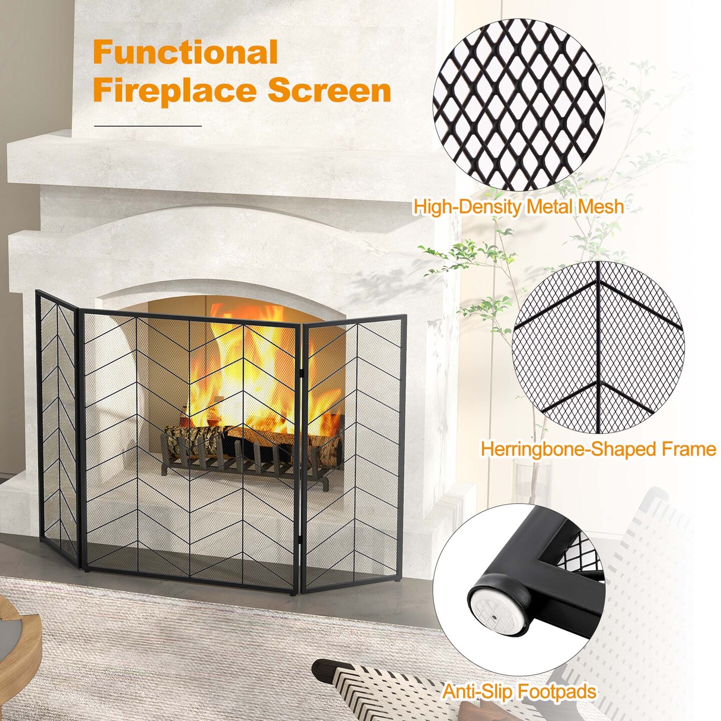 Costway 52 x 31 Inch Fireplace Screen 3-Panel Spark Guard with Chevron Herringbone Pattern