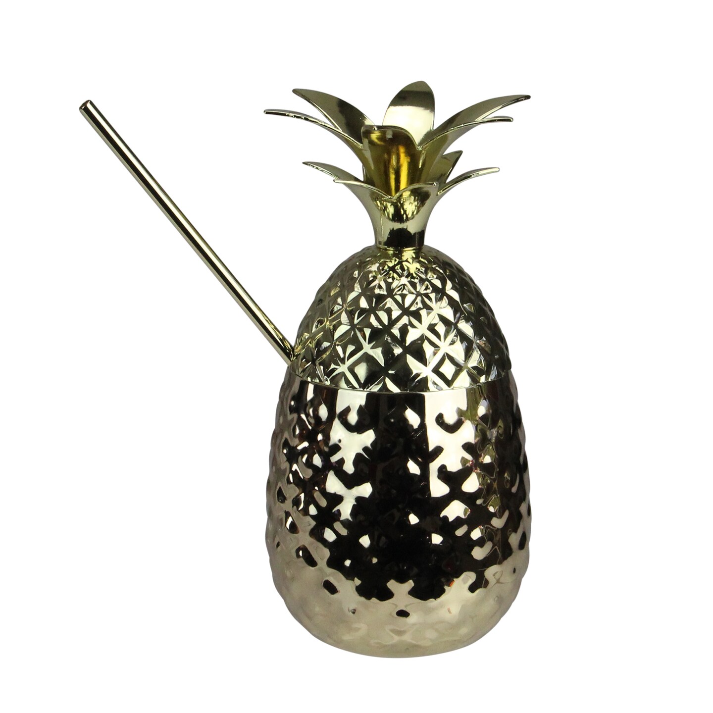 Avon 7&#x22; Metallic Gold Pineapple Tumbler Summer Cup with Straw