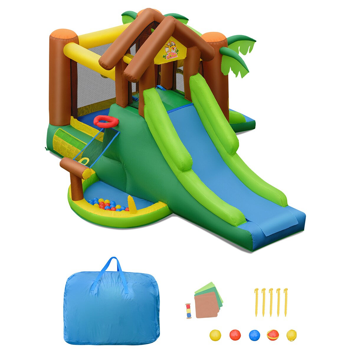 Inflatable Jungle Bounce House W/ Dual Slides Climbing Wall Jumping Area
