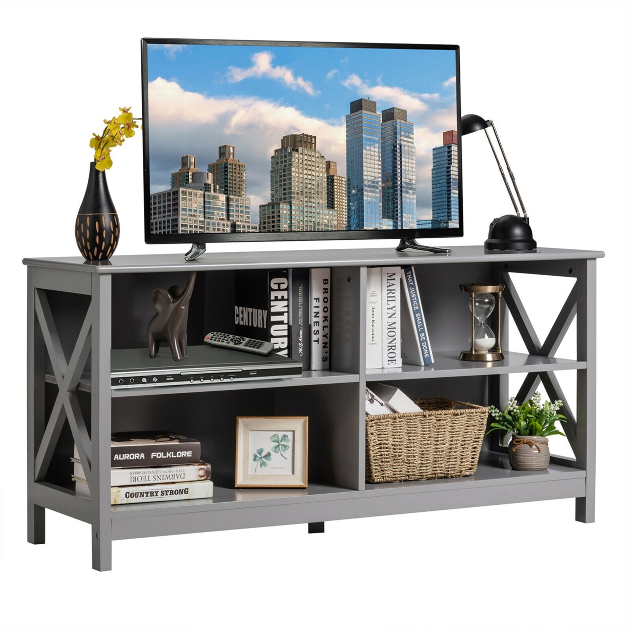 Gymax TV Stand Entertainment Media Center for TVs up to 55 w/ Storage Shelves Gray