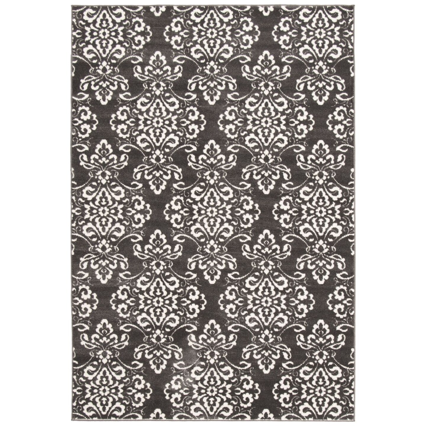 Chaudhary Living 4' x 5.5' Damask Rectangular Area Throw Rug - Gray and White
