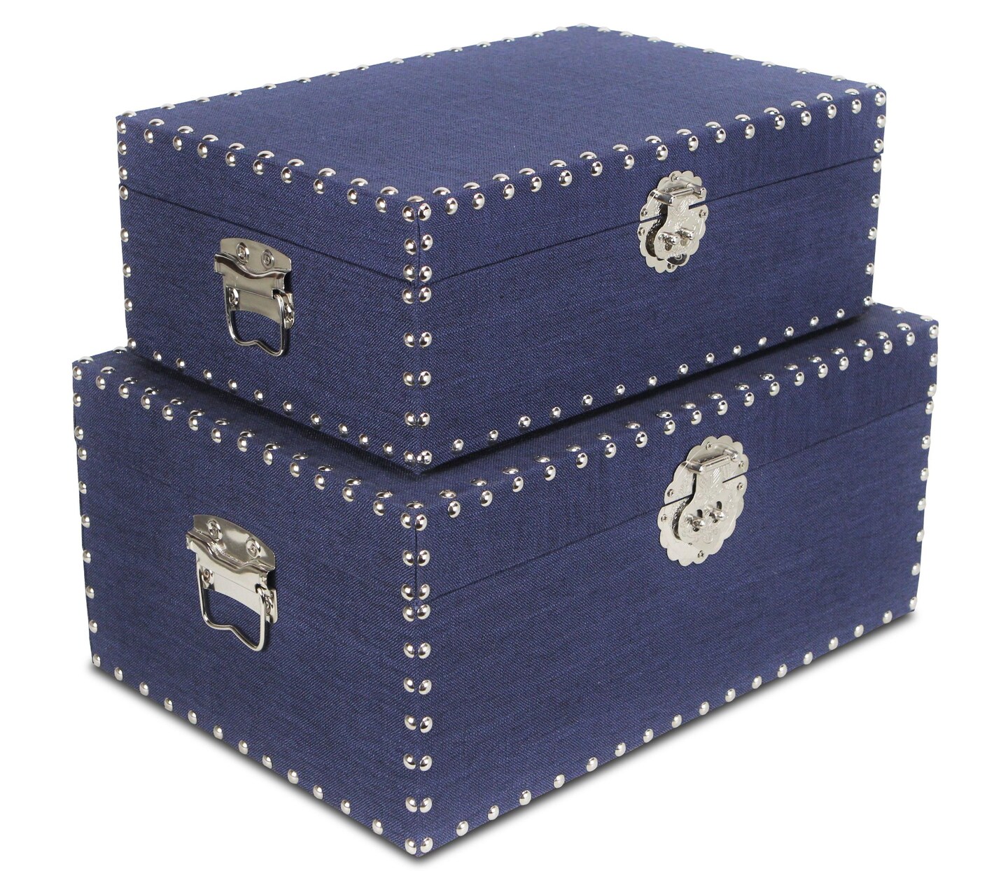 Contemporary Home Living Set of 2 Blue Natural Linen Storage Boxes with Studded Frame 17.75"